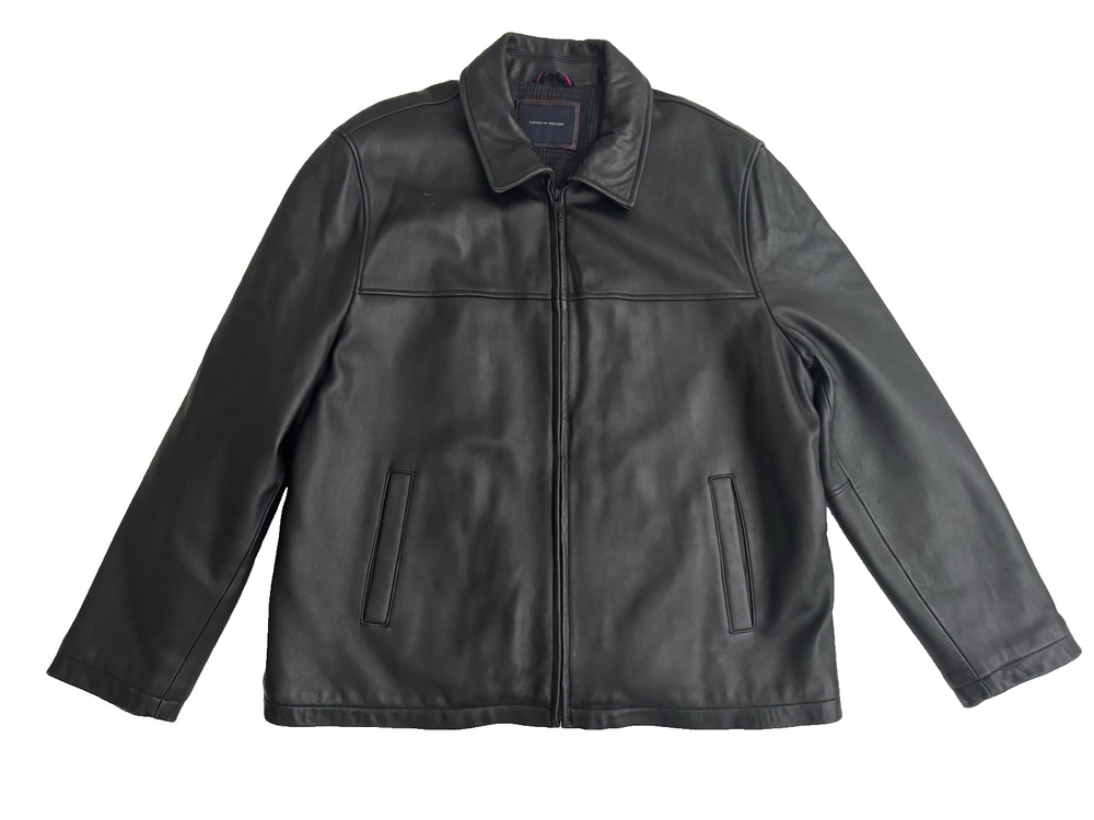 Tommy Hilfiger Leather Jacket Men's 2XL Black Full-Zip Bomber Buttery Lined Moto